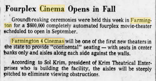 Farmington 4 Cinemas - June 3 1972 Annoucement (newer photo)
